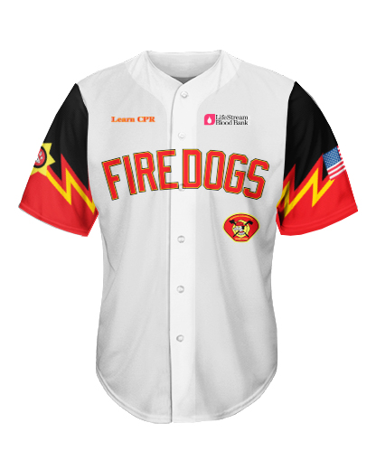 FIREDOGS WHITE Full Button Jersey Patriot Sports Front View. Printed all over in HD on premium fabric. Handmade in California.