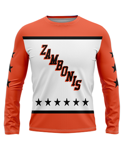 Zams white Long Sleeve T-shirt Patriot Sports Front View. Printed all over in HD on premium fabric. Handmade in California..