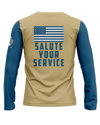 Patriot Sports SERVICE Long Sleeve T-shirt   Back View  with   US  Flag and   tag line  Salute your Service